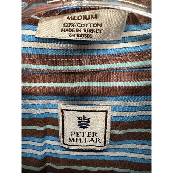 Peter Millar Mens Medium Striped Button-Down Shirt Brown & Blue Collar - Picture 5 of 7